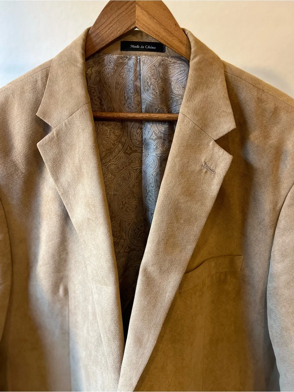 Chaps Faux Suede Blazer Mens Size 48L Camel Tan Paisley Lined Sport Coat